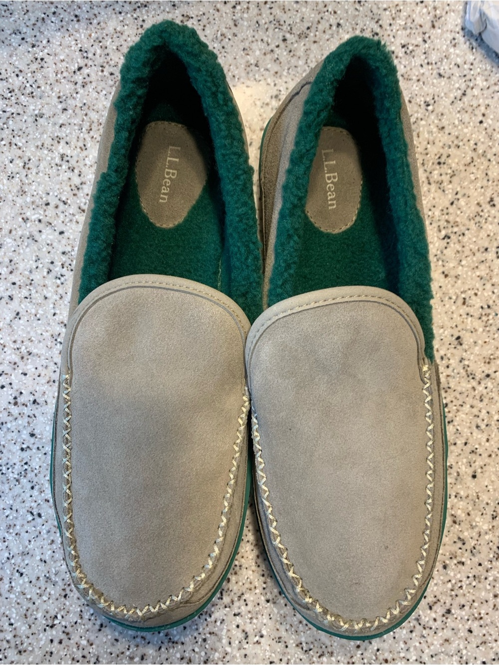 L.L. Bean Gray Suede Slip-On Loafers with Green Fleece Lining 11 M Men